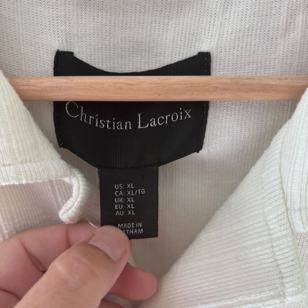 Christian Lacroix Mens White Ribbed Knit Button Up Polo Shirt Coastal Neutral XL - Picture 3 of 7